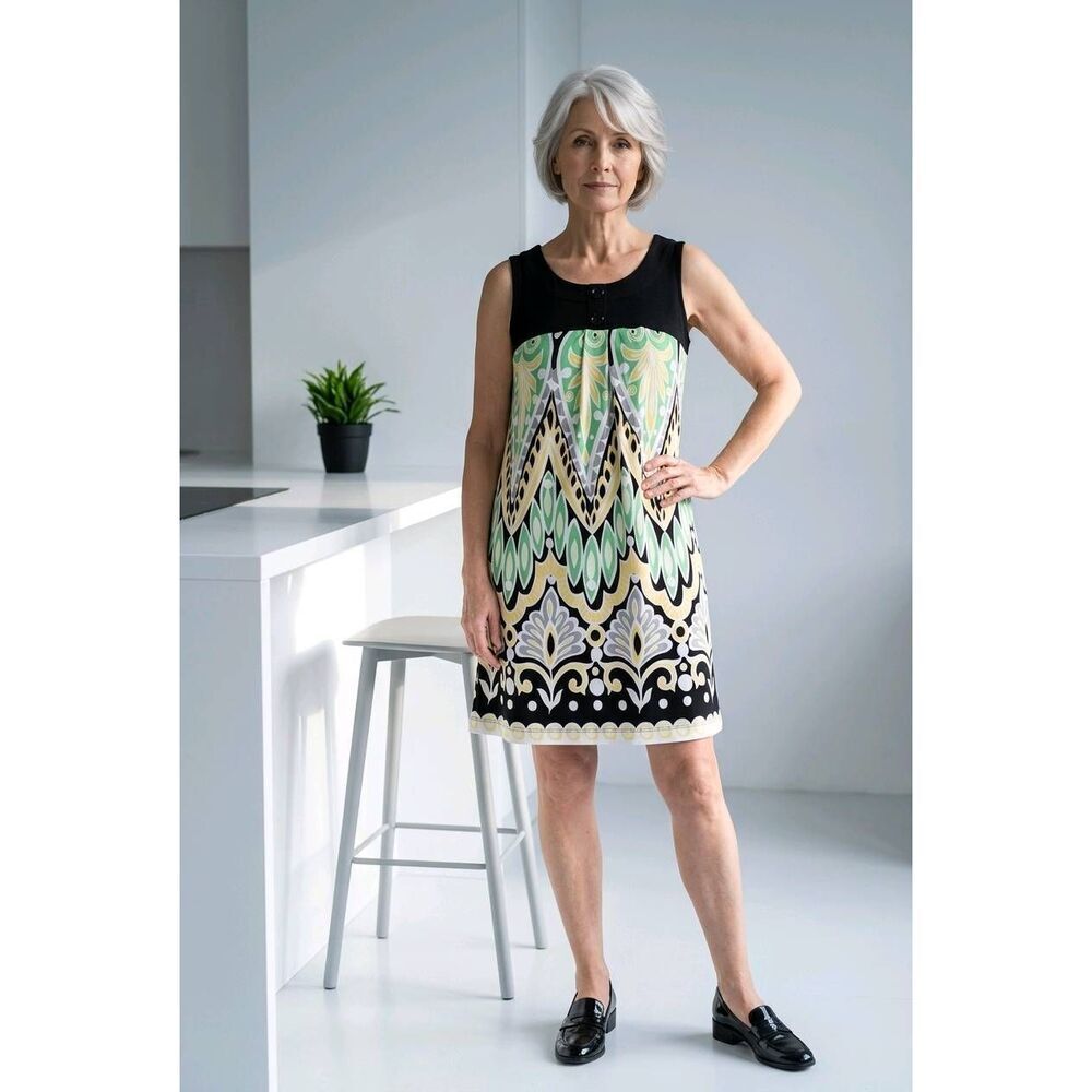 🔹️Sangria Green & Yellow Retro Sleeveless Dress Size 12